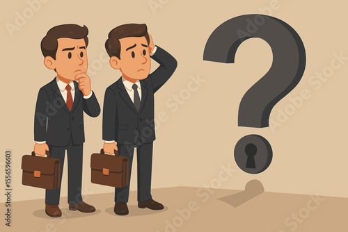 Two confused businessmen looking at a question mark with a keyhole. Business concept of challenge, problem solving, uncertainty, risk, and finding an unknown opportunity.