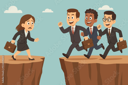 Gender inequality in business career concept. Businesswoman left behind by businessmen at a cliff gap. Metaphor for corporate obstacle, discrimination, and the glass ceiling.