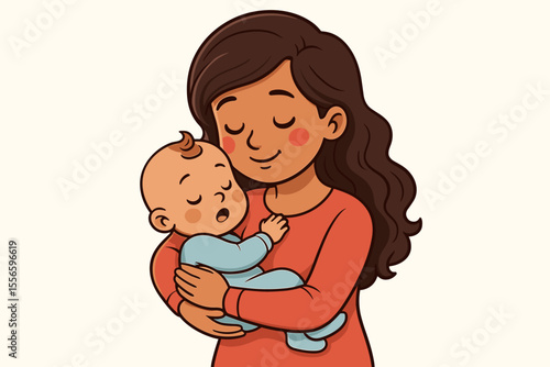 Loving mother holding her sleeping newborn baby. Cute cartoon illustration of motherhood, love and family. Mom embracing infant child with tenderness and care. Maternity concept.
