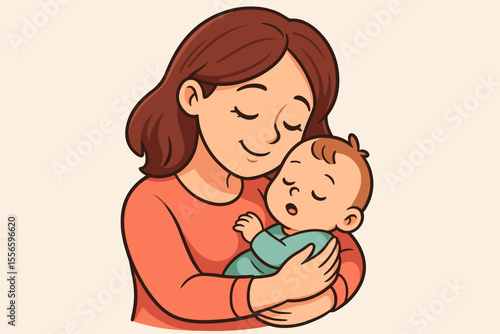 Mother and baby vector illustration. Caring mom gently holding her sleeping newborn child. Motherhood, love, nurturing, and affection concept. Happy Mother's Day cartoon graphic.