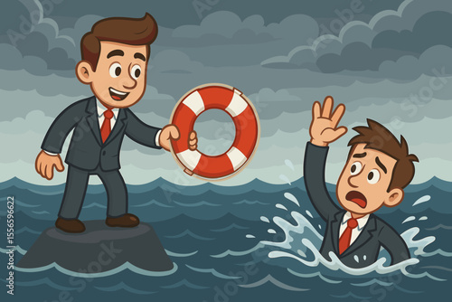 Businessman offers a lifebuoy to a drowning colleague. Business metaphor for help, crisis management, support, rescue, survival, financial aid, teamwork, and risk. Vector cartoon.