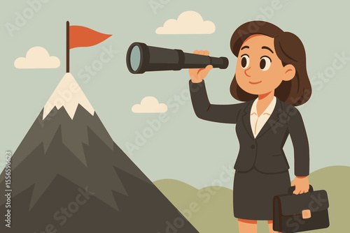 Businesswoman with spyglass visualizing success on mountain top. Business vision concept for a future goal and target. Metaphor for ambition, leadership, strategy, and achievement.