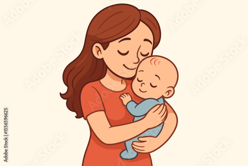 Caring mother embracing her infant child with love and affection. Beautiful moment of tenderness and maternal bond. Happy motherhood and family concept. Vector cartoon illustration.