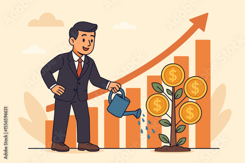 Investment growth strategy. Businessman watering a money tree with dollar coins. Metaphor for financial success, long-term profit, savings and wealth. Vector cartoon illustration.