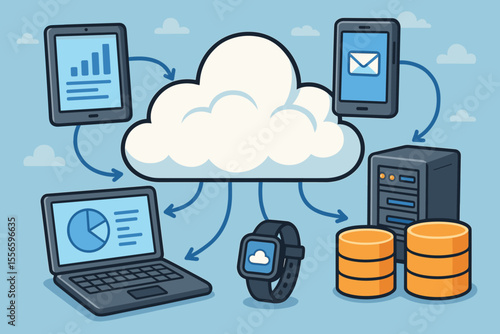 Cloud computing technology concept. Data storage and hosting with server and database. Devices connected to network: laptop, smartphone, tablet, smartwatch. Data synchronization.