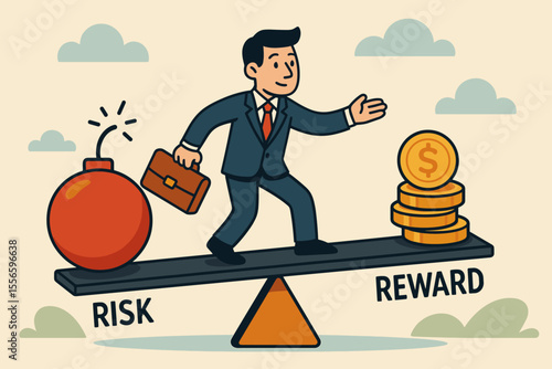 Businessman balancing on a seesaw between risk, a bomb, and reward, a stack of coins. Financial investment, business strategy, and decision making concept. Danger versus profit metaphor.