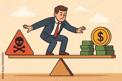 Risk reward balance concept illustration. Businessman on seesaw balancing money and a danger sign. Financial investment metaphor. Market volatility. Profit versus loss. Business strategy.