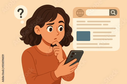 Curious woman with a question mark using a smartphone to search for information online. Puzzled girl browsing the internet. Vector cartoon concept of online research, FAQ, and problem-solving.