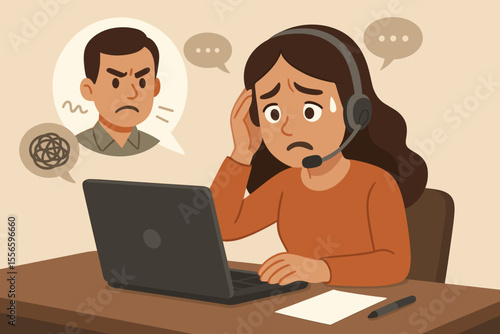 Stressed call center operator with headset struggling with angry customer. Customer service representative experiencing burnout from difficult client communication and negative feedback.