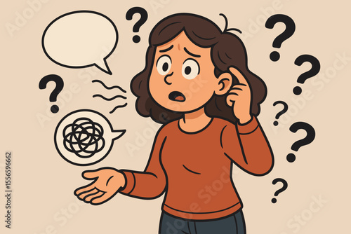 Confused woman with communication disorder, anxiety, and jumbled thoughts. Aphasia or stuttering concept. Psychology vector of a person with questions and speech problems.
