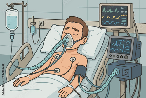 Critical patient on ventilator in ICU hospital room. Man receiving life support and oxygen therapy. Medical concept of intensive care, respiratory failure, intubation, healthcare.