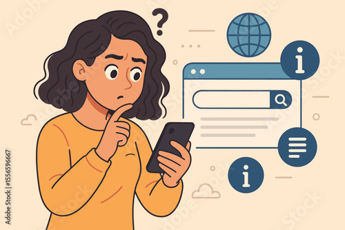 Curious woman with question mark searching for information online on mobile phone. Concept of browsing the web, internet research, fact-checking, problem solving and seeking help.