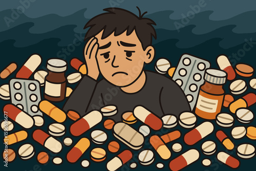 Depressed man drowning in a sea of pills and medication. Concept of mental health crisis, overmedication, and drug addiction. Sad patient overwhelmed by anxiety and stress. Vector.