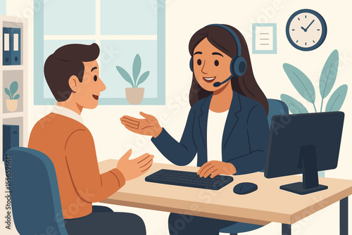 Customer service agent woman with headset consulting a male client. Support representative at help desk providing assistance in modern office. Call center operator vector illustration.