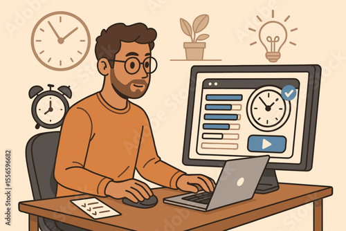 Time management concept. Freelancer using time tracking software to monitor productivity. Man working at desk, managing schedule and deadlines. Work from home vector illustration.