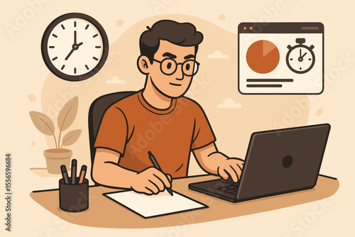 Productivity and time management concept vector illustration. Man using a time tracker app on his laptop to monitor work hours and improve focus. Freelancer managing tasks at a desk.