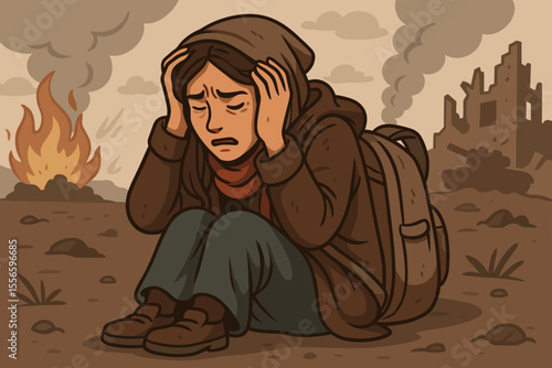 War refugee woman experiencing PTSD, anxiety, and trauma. Desperate female civilian in a war zone with explosions and city ruins. Humanitarian crisis concept vector illustration.