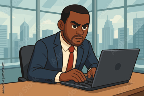 Serious black businessman working on a laptop in a city office. Determined African American professional concentrating on his computer. Corporate work and deadline stress concept.