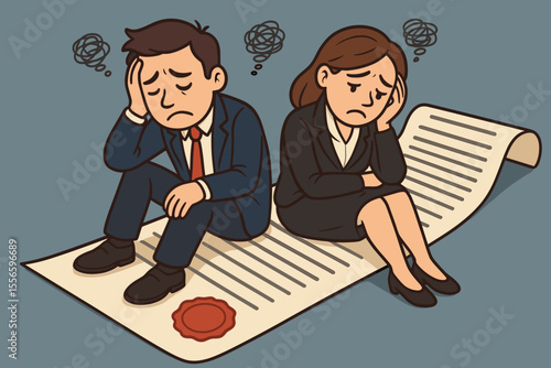 Worried businessman and woman overwhelmed by a long contract. Stressed business partners or couple sad about a difficult agreement, legal issue, prenuptial or divorce paper.
