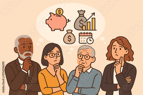 Diverse group of people thinking about retirement plan, financial savings and investment. Cartoon vector illustration of professionals contemplating money and pension for future security.