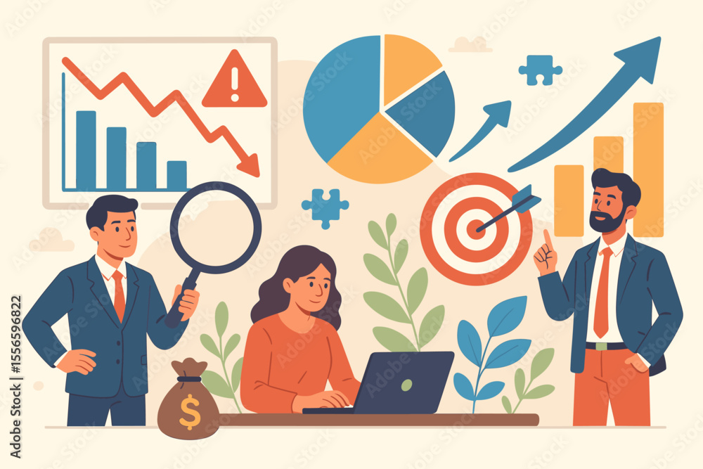 Business strategy and data analysis with a team of people. Concept of financial planning, market research, risk management, and achieving goals. Vector with charts and target. Business strategy and data analysis with a team of people. Concept of financial planning, market research, risk management, and achieving goals. Vector with charts and target.