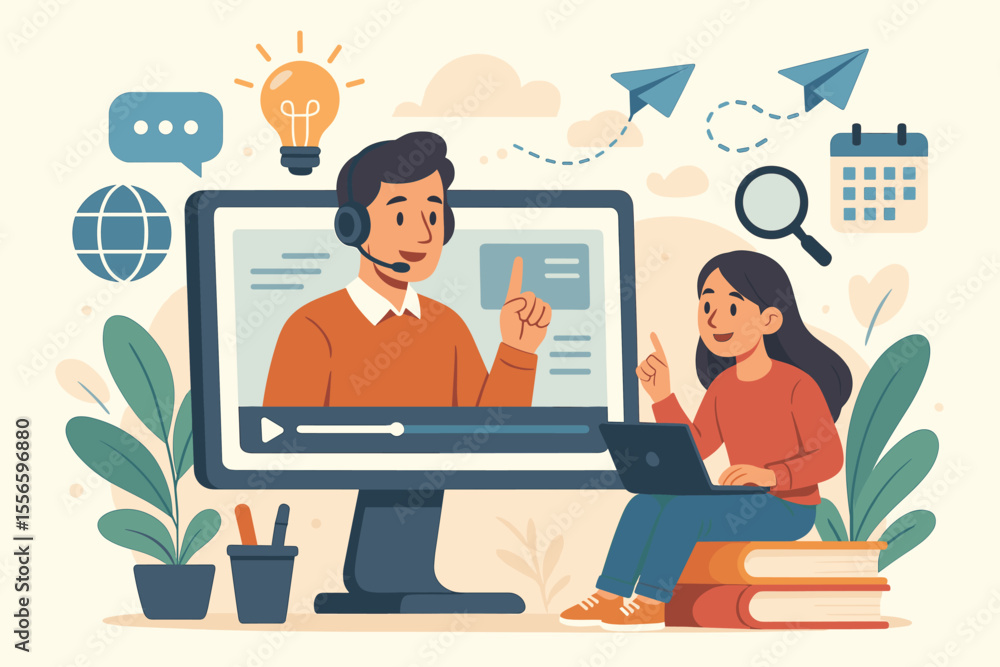 Online coaching and modern education concept. A student learning from home via video conference with a tutor. E-learning, webinar, and virtual classroom vector illustration. Online coaching and modern education concept. A student learning from home via video conference with a tutor. E-learning, webinar, and virtual classroom vector illustration.