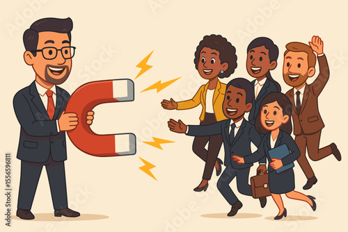 Businessman with a large magnet attracting a diverse group of happy people. Concept of magnetic leadership, talent acquisition, recruitment, customer retention, and inbound marketing.