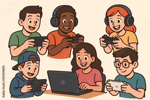 Diverse group of young gamers playing video games on mobile phone, laptop, and console. Multicultural kids enjoying online multiplayer gaming. Vector cartoon character illustration.