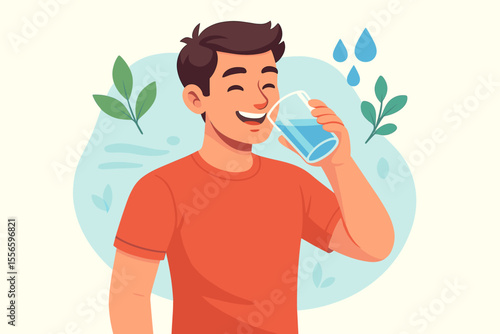 Happy man drinking water from a glass. Hydration concept for a healthy lifestyle. Thirsty person, wellness, diet, refreshment. Benefits of pure mineral water. Vector cartoon character.