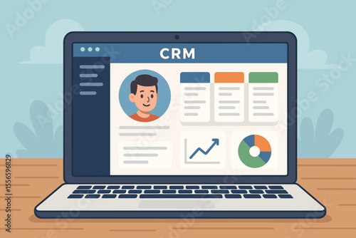 Customer Relationship Management CRM software dashboard on a laptop screen. Business system with a client profile, data analytics, pie chart, and a growth graph. Marketing and sales concept.