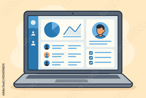 Customer relationship management CRM system dashboard on a laptop. Business software for sales and marketing data analysis. User interface with charts, contacts and profiles. Vector illustration.