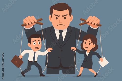 Manager manipulating employees like puppets. Corporate control metaphor with boss as puppeteer. Toxic workplace, micromanagement, lack of freedom and authority. Cartoon vector.