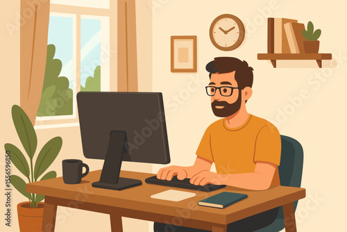 Man working on computer at home office desk. Freelancer character remotely working online from his room. Comfortable workplace for freelance job or e-learning. Vector illustration.