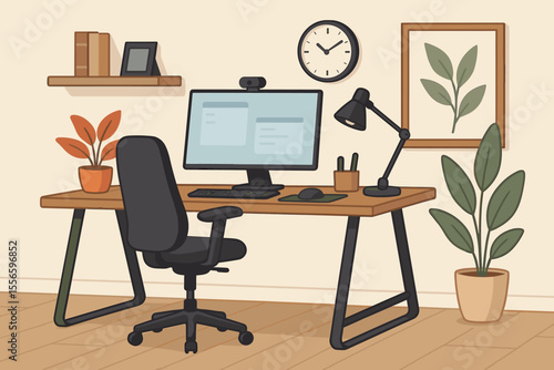 Modern home office workspace for remote work and freelancing. Cozy room interior with computer on desk, ergonomic chair, plants and decor. Cartoon vector illustration concept.