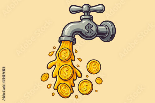 Money tap concept with gold coins flowing out. Cash flow metaphor for passive income and revenue stream. Financial success, wealth, and profit symbol. Cartoon vector illustration.