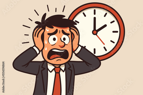Stressed businessman in panic under pressure from a deadline. Anxious office worker character with clock. Concept of time management, fear and burnout. Vector cartoon illustration.