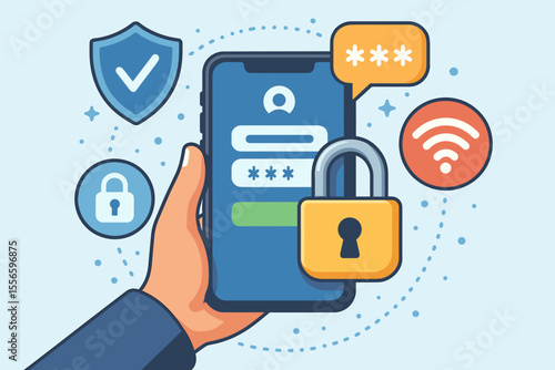Mobile banking security and data protection concept. Hand holds phone with login password screen. Cybersecurity, online payment, privacy, and authentication with padlock and shield icon. Vector.