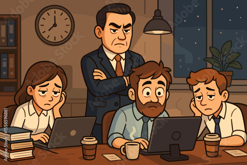 Angry boss watching tired employees work overtime at night. Concept of micromanagement, burnout, and toxic workplace. Stressful office environment with deadline pressure. Vector cartoon illustration.