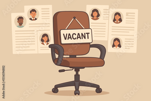 Vacant job position concept with an empty office chair and sign. Human resources recruitment process, hiring new employee. Candidate resumes and CVs for an open career opportunity.
