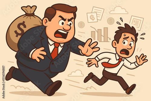 Panicked businessman running away from angry giant banker chasing him for overdue loan payment. Financial crisis, debt pressure and bankruptcy concept vector cartoon illustration.