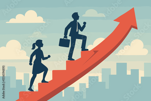 Professional growth and career ladder concept with business man and woman silhouettes. People climbing up stairs shaped like a rising arrow. Metaphor for success, ambition, promotion.