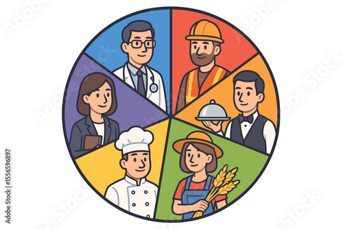 Labor market diversity pie chart infographic. Vector cartoon characters representing different occupations and professions. Workforce concept with doctor, builder, waiter, farmer, chef.
