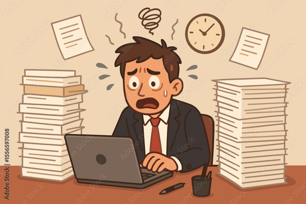 Stressed businessman overwhelmed by work. Anxious office worker with laptop under pressure from deadline. Burnout concept with man and paperwork. Cartoon vector illustration. Stressed businessman overwhelmed by work. Anxious office worker with laptop under pressure from deadline. Burnout concept with man and paperwork. Cartoon vector illustration.