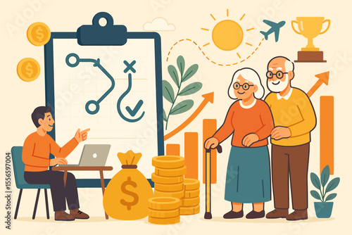 Strategic financial planning for retirement. Advisor helps senior couple with pension investment, savings, and wealth management for a secure and rewarding future lifestyle. Vector.