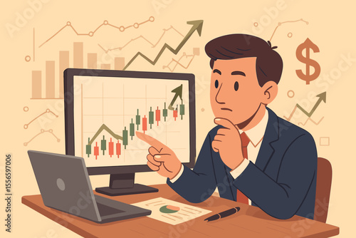 Stock trader analyzing market trends on computer with candlestick chart. Businessman making a profitable investment decision. Concept of finance, trading, economic growth and success.