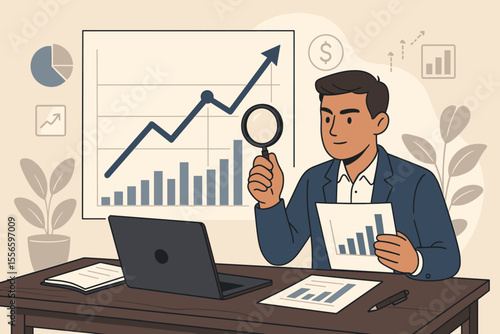 Strategic investment analysis and planning concept. Businessman examining financial data and market trends with magnifying glass. Stock market growth chart for successful profit.