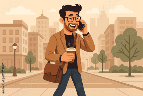 Stylish young man walking in the city, talking on mobile phone and drinking coffee. Happy businessman or freelancer commuting. Modern urban lifestyle and communication concept.