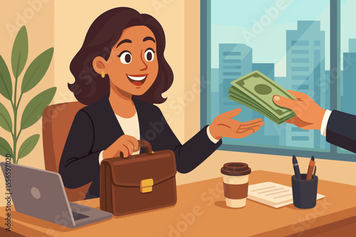 Successful businesswoman receiving salary payment in cash from boss. Happy female employee at office desk getting a wage or bonus. Financial success, income, career concept vector.