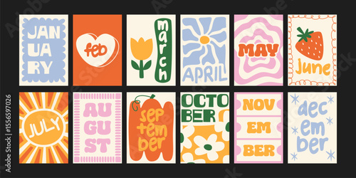 Colorful month posters in cartoon retro style. Fun illustrations with all twelve months of the year and seasonal symbols: sun, strawberry, flower. Decor for decor for calendars and diaries, wall decor