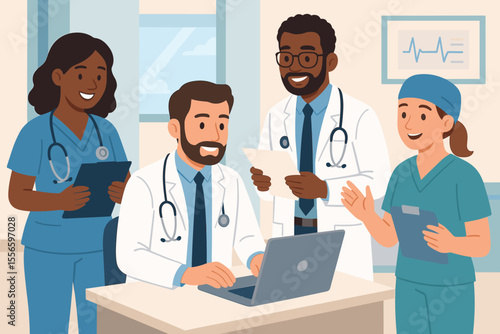 Diverse team of doctors and nurses working together in hospital clinic. Medical staff meeting and collaboration concept. Multicultural healthcare professionals discussing patient care.